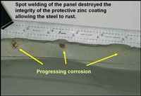 25) Zinc Coating Failure - Spot welding of galvanized sheet metal requires some repair work after the joint has been made. Zinc is a relatively low temperature melting element and the heat required to bond the steel sheeting destroys the local integrity of the protective coating.