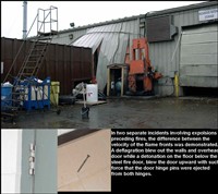 12) Deflagrations and Detonations - The on-line Gas Explosion Handbook is an excellent reference for those who investigate fires and explosions. The subsonic deflagrations and supersonic detonations are well illustrated and discussed. The top photo is the result of the ignition and deflagration explosion of a solvent spill, vapor cloud. The bottom two photos are the back side of a steel fire door after a lean, gaseous hydrocarbon cloud ignited, then detonated. The high impulse impact of the blast originating in the storey below the fire safety door, pushed the steel door upward with sufficient velocity to 'pop' both hinge pins out of the door mounts and project them a yard away from the rear side of the door frame.   